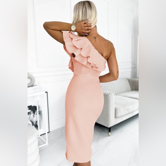 Ruffled One-Shoulder Slit Dress - Picture 2 of 4